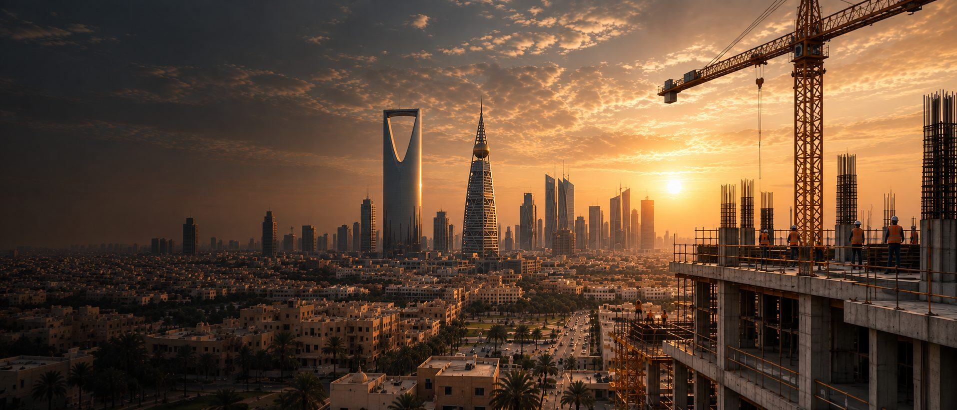 Riyadh skyline and a construction site at sunset